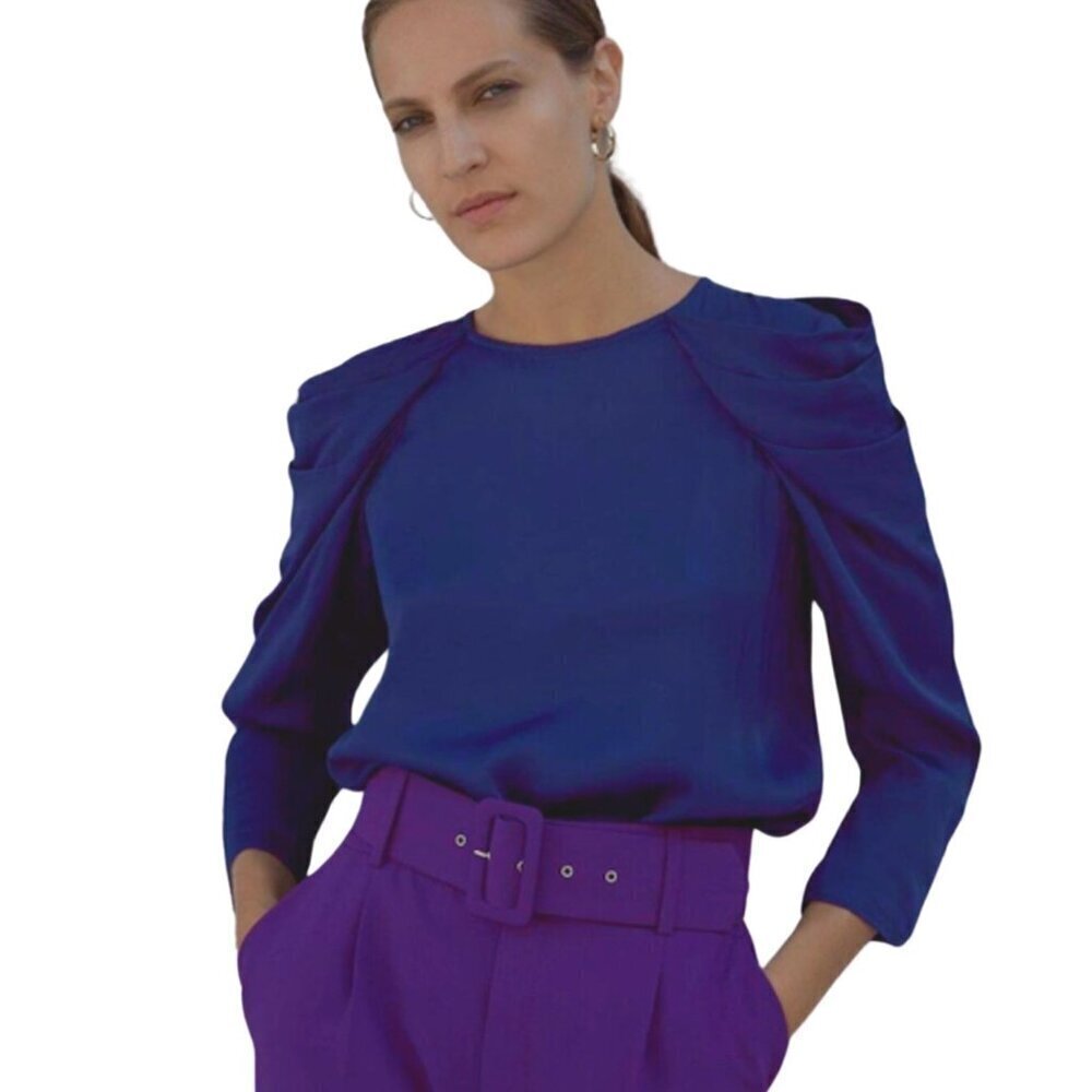 Zara Satin Effect Pleated Puff Shoulder Glossy  Blouse | XS | Royal Blue/Purple